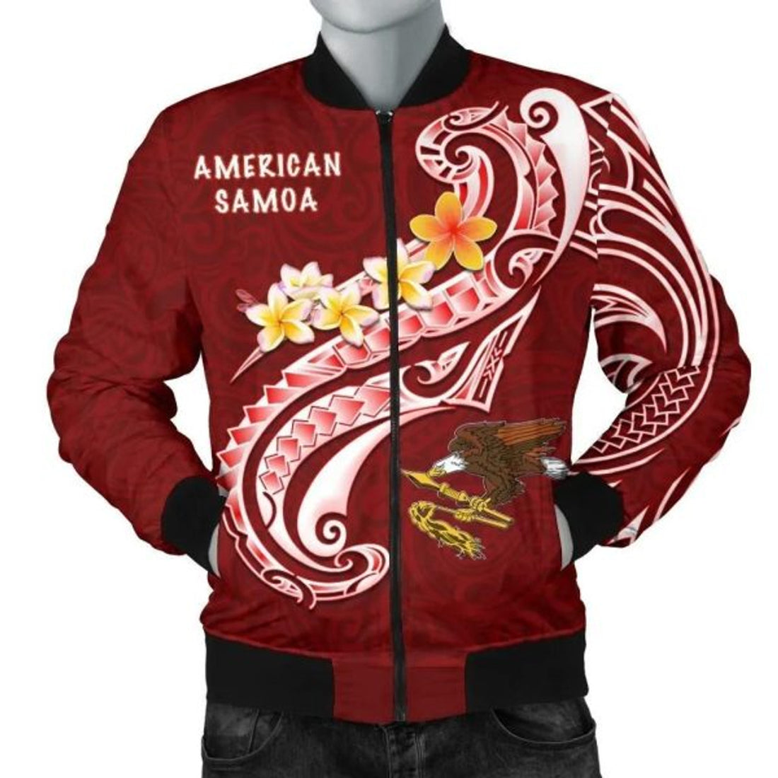 FUNSTUFFPRINT American Samoa Men's Bomber Jacket - AS Seal Polynesian Patterns Plumeria - 3D Bomber Jacket