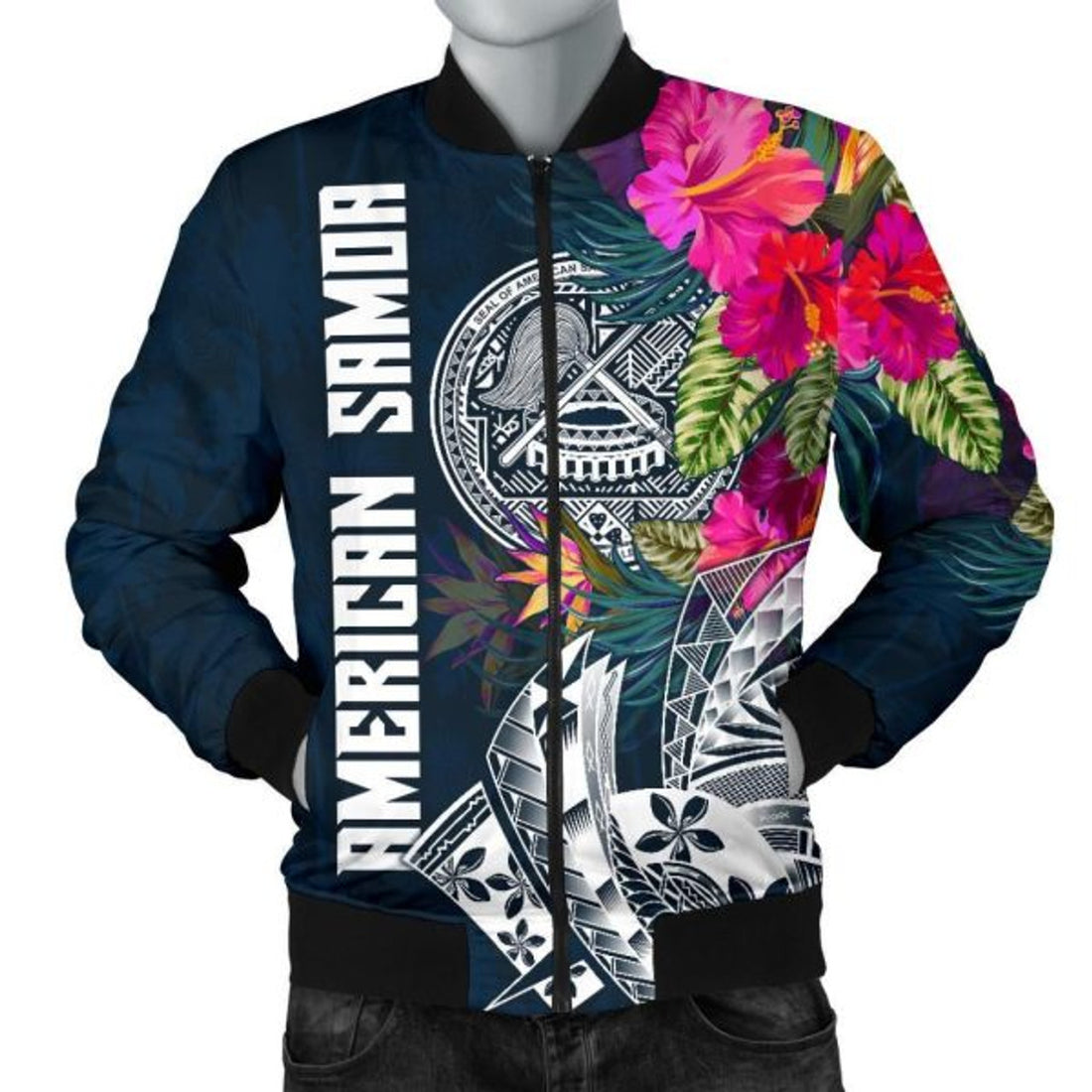 FUNSTUFFPRINT American Samoa Men's Bomber Jacket - Polynesian Hibiscus with Summer Vibes - 3D Bomber Jacket
