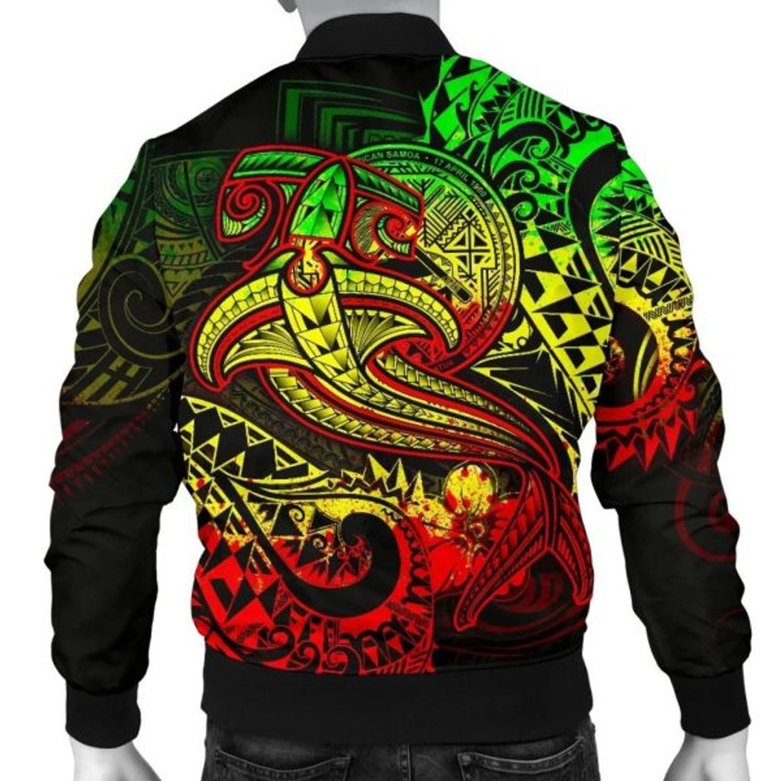 FUNSTUFFPRINT American Samoa Men's Bomber Jacket - Reggae Shark Polynesian Tattoo - 3D Bomber Jacket