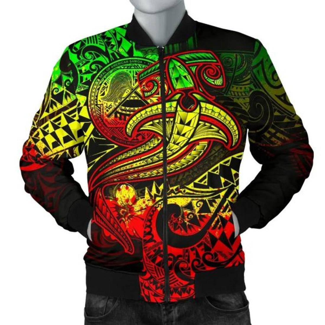 FUNSTUFFPRINT American Samoa Men's Bomber Jacket - Reggae Shark Polynesian Tattoo - 3D Bomber Jacket