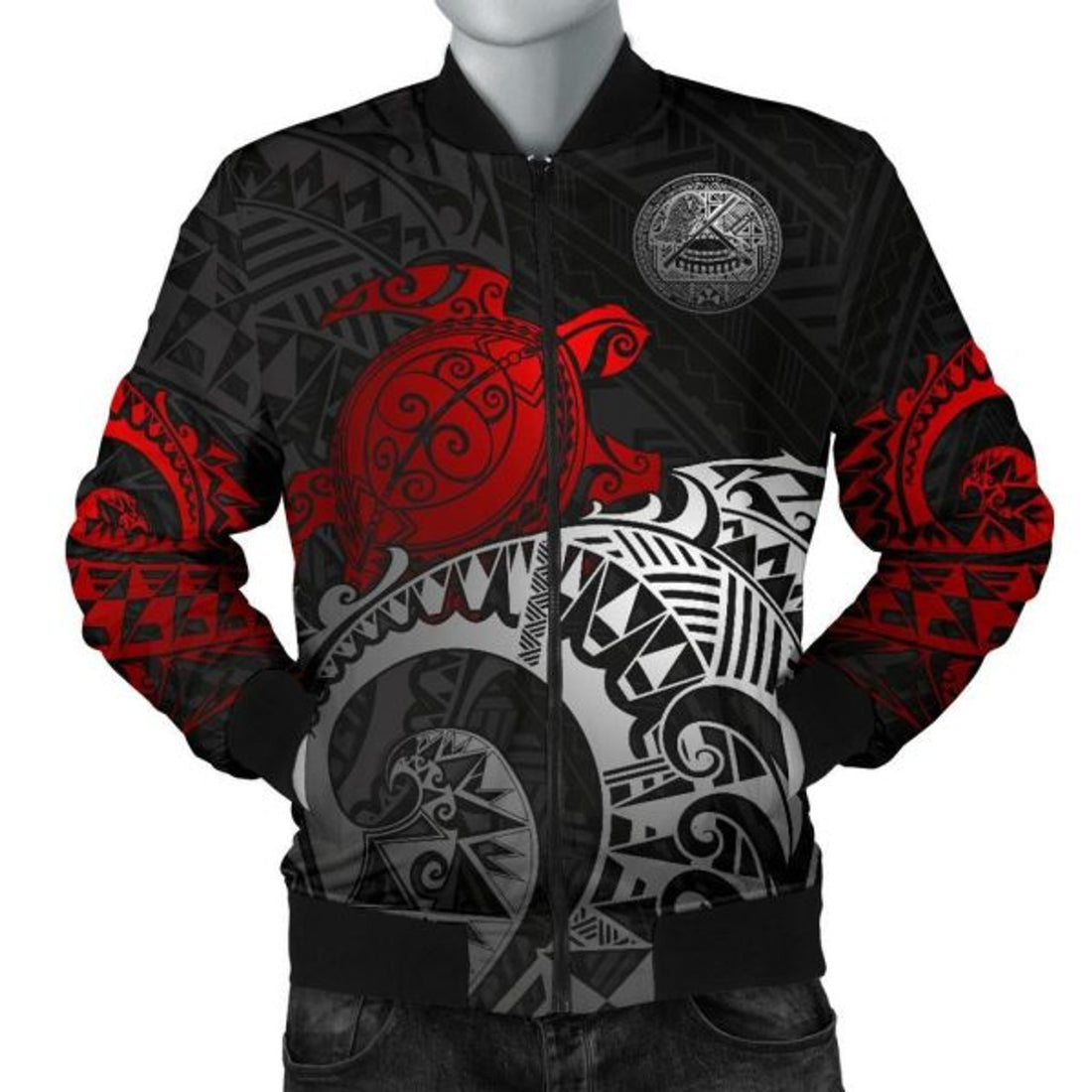 FUNSTUFFPRINT American Samoa Polynesian Bomber Jacket (Men)- Polynesian Turtle (Red) - 3D Bomber Jacket