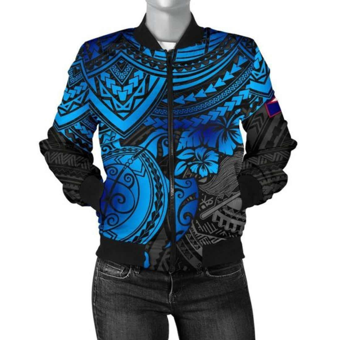 FUNSTUFFPRINT American Samoa Polynesian Bomber Jacket (Women) - Blue Turtle - 3D Bomber Jacket