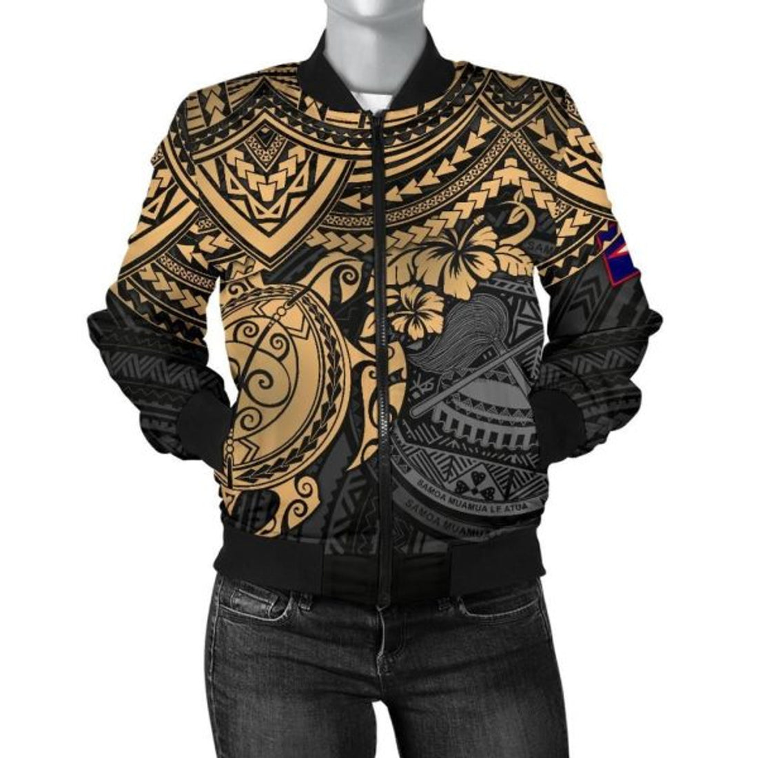 FUNSTUFFPRINT American Samoa Polynesian Bomber Jacket (Women) - Gold Turtle - 3D Bomber Jacket
