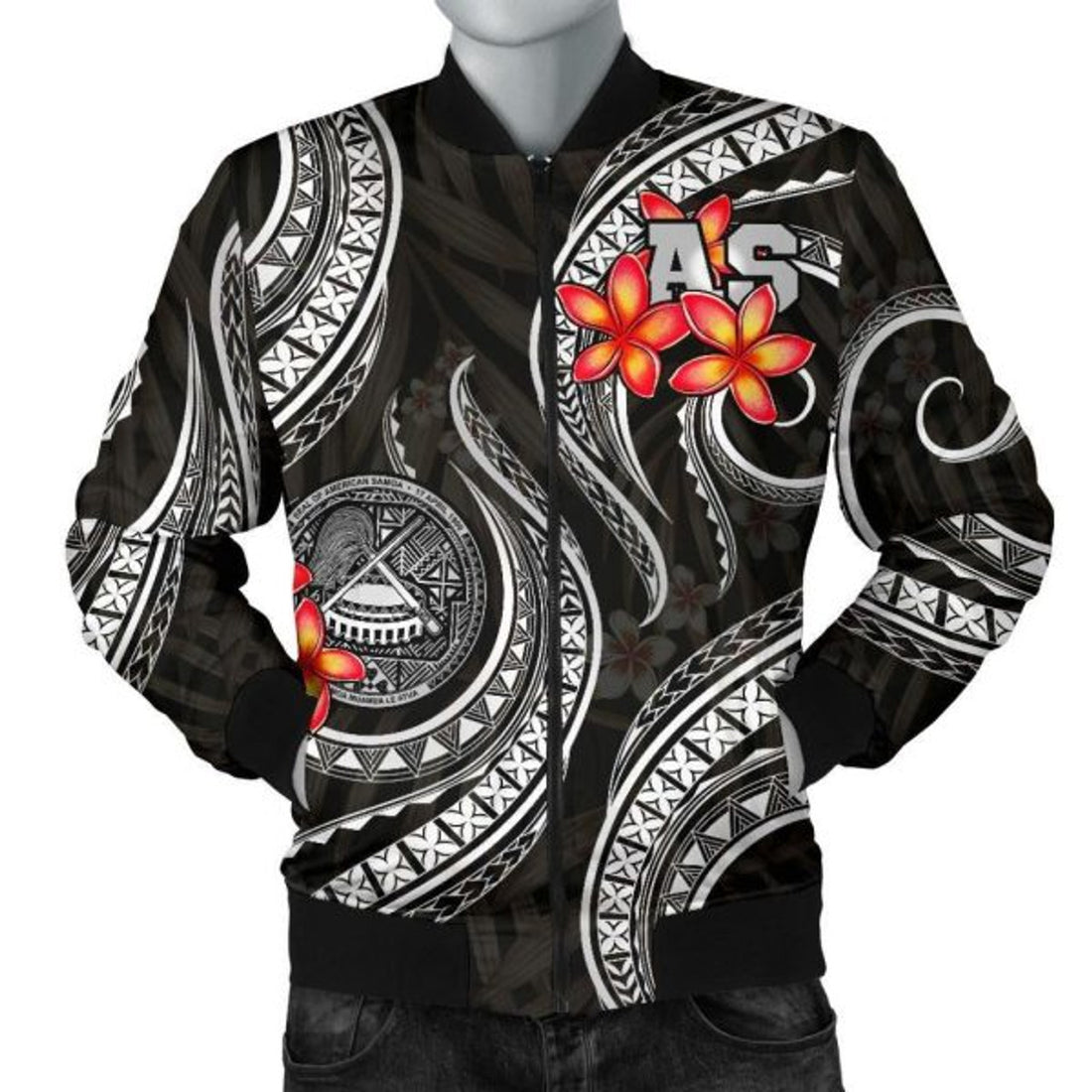 FUNSTUFFPRINT American Samoa Polynesian Men Bomber Jacker - Black Plumeria - 3D Bomber Jacket