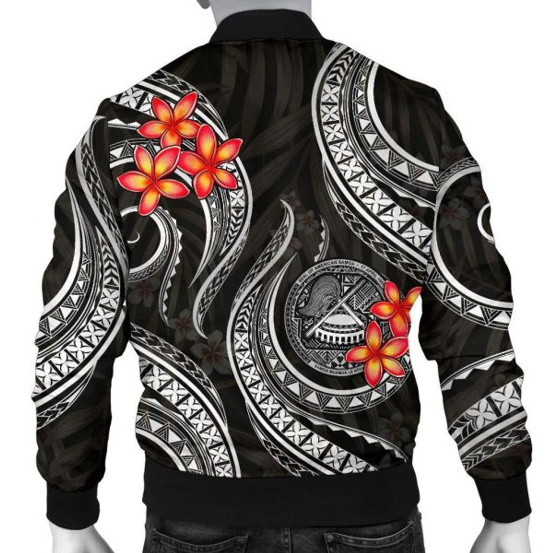FUNSTUFFPRINT American Samoa Polynesian Men Bomber Jacker - Black Plumeria - 3D Bomber Jacket