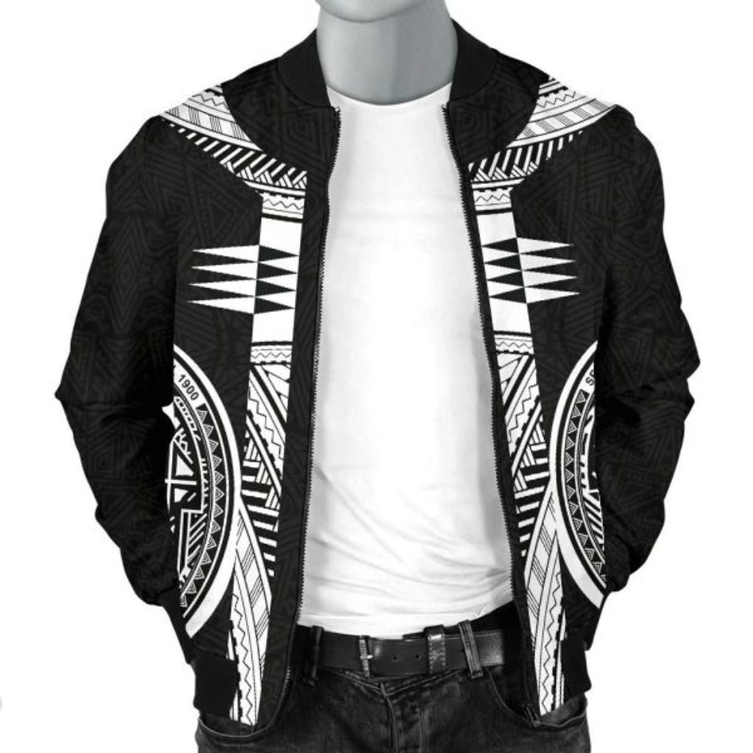 FUNSTUFFPRINT American Samoa Polynesian Men Bomber Jacket - Black Armor Tattoo - 3D Bomber Jacket