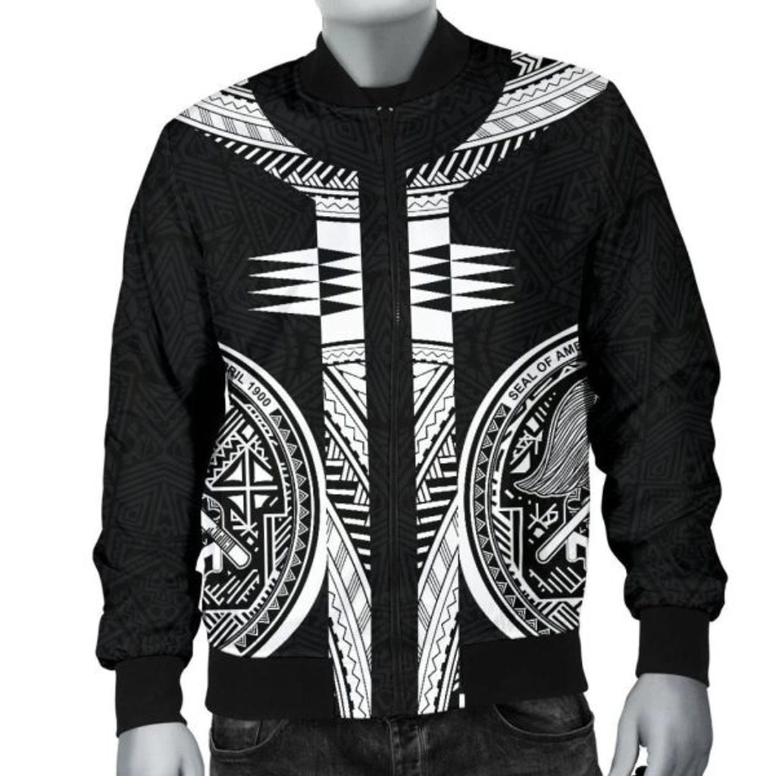 FUNSTUFFPRINT American Samoa Polynesian Men Bomber Jacket - Black Armor Tattoo - 3D Bomber Jacket