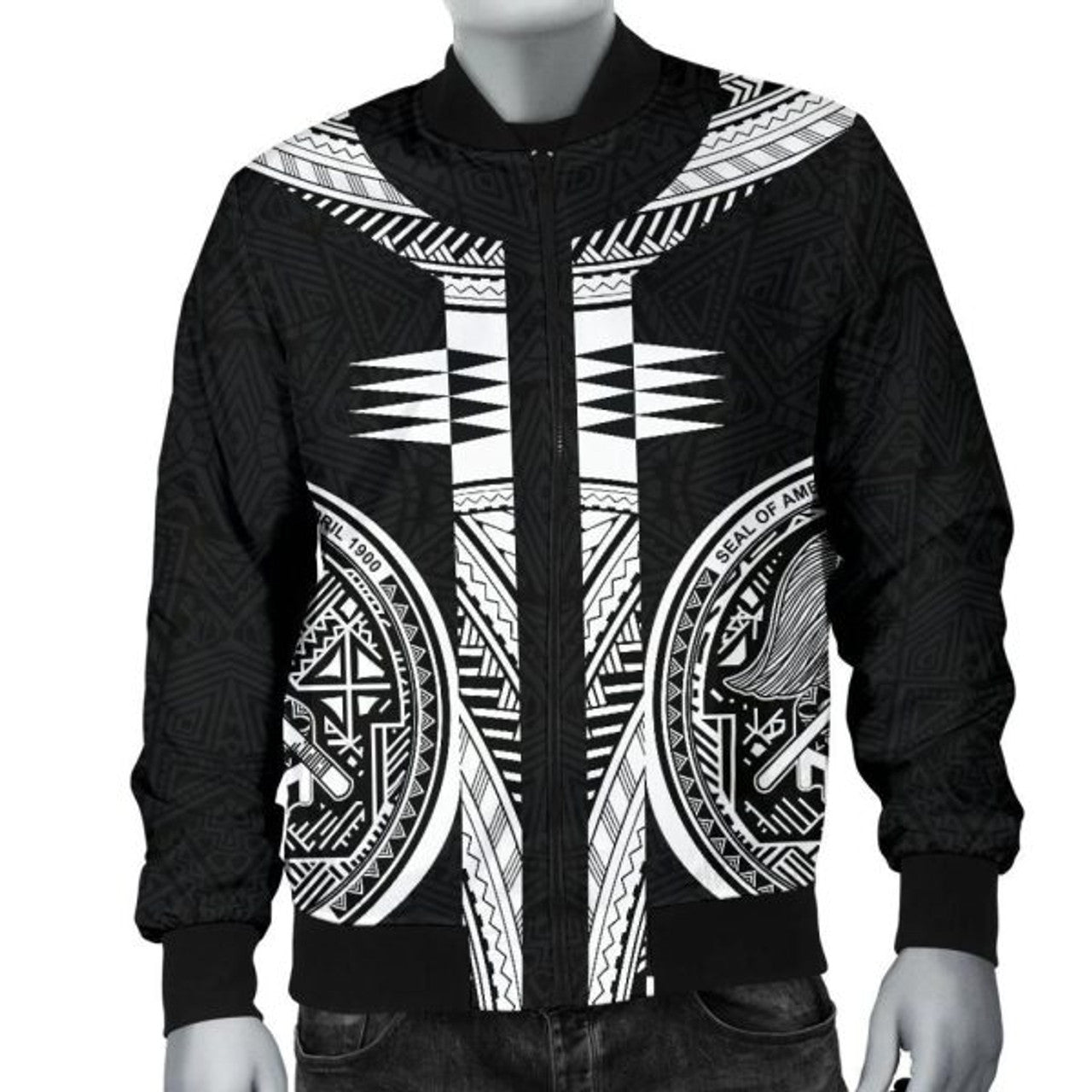 FUNSTUFFPRINT American Samoa Polynesian Men Bomber Jacket - Black Armor Tattoo - 3D Bomber Jacket