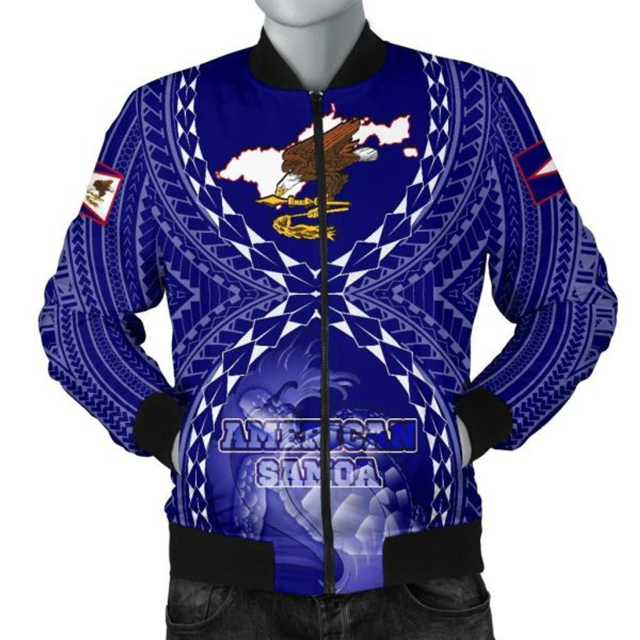 FUNSTUFFPRINT American Samoa Polynesian Men's Bomber Jacket - American Samoa Flag with Polynesian Tattoo - 3D Bomber Jacket