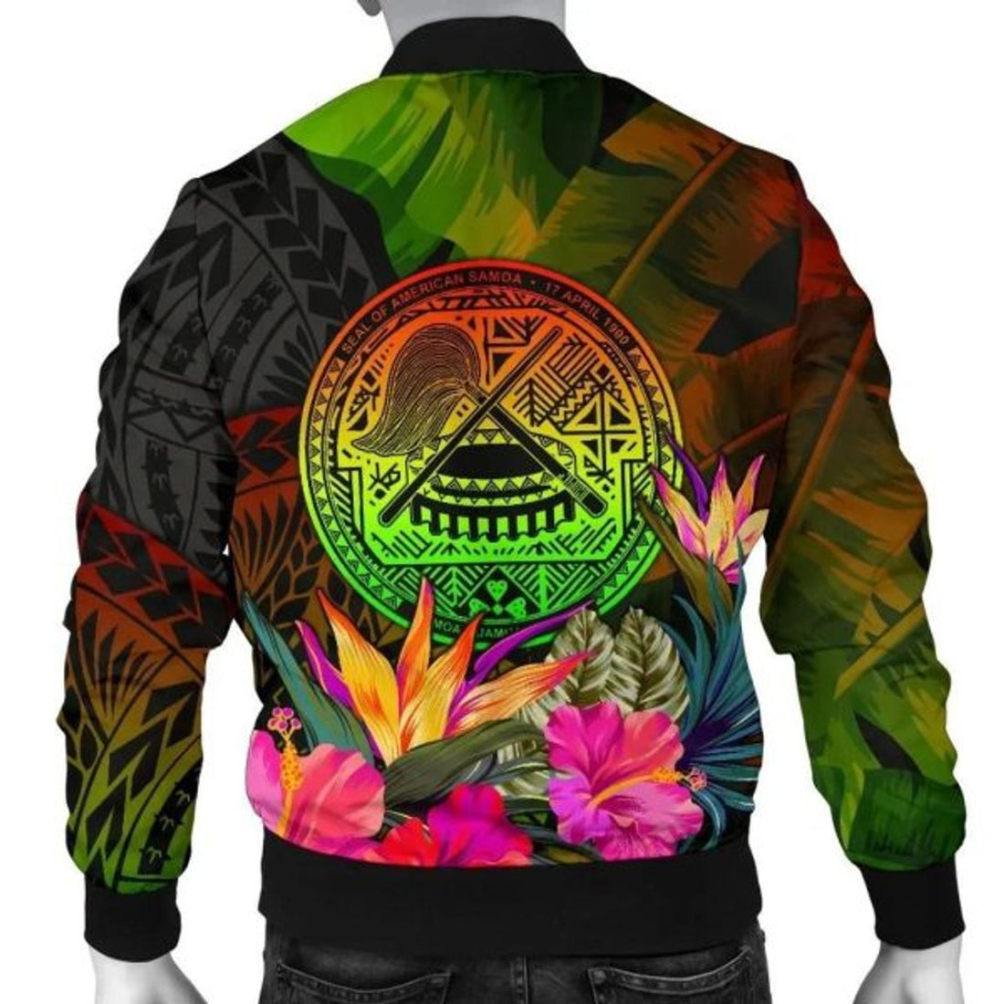 FUNSTUFFPRINT American Samoa Polynesian Men's Bomber Jacket - Hibiscus and Banana Leaves - 3D Bomber Jacket