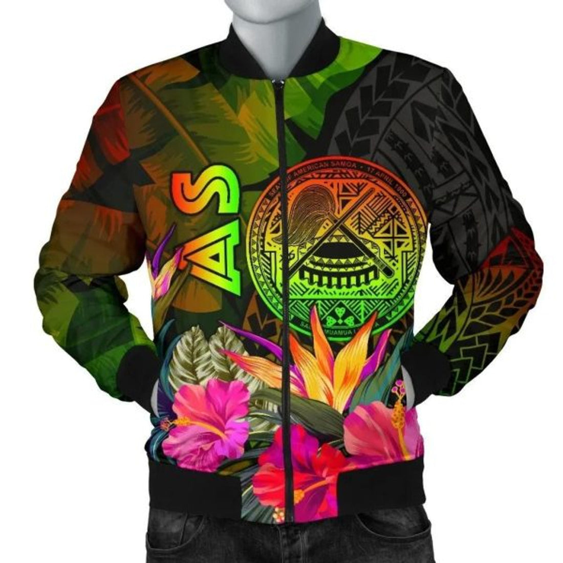 FUNSTUFFPRINT American Samoa Polynesian Men's Bomber Jacket - Hibiscus and Banana Leaves - 3D Bomber Jacket