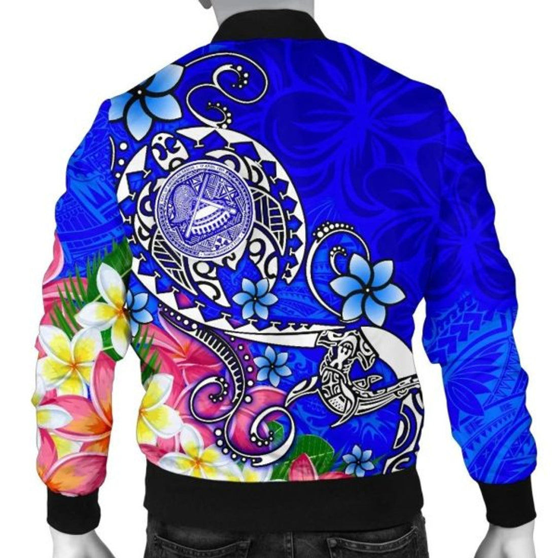 FUNSTUFFPRINT American Samoa Polynesian Men's Bomber Jacket - Turtle Plumeria (Blue) - 3D Bomber Jacket