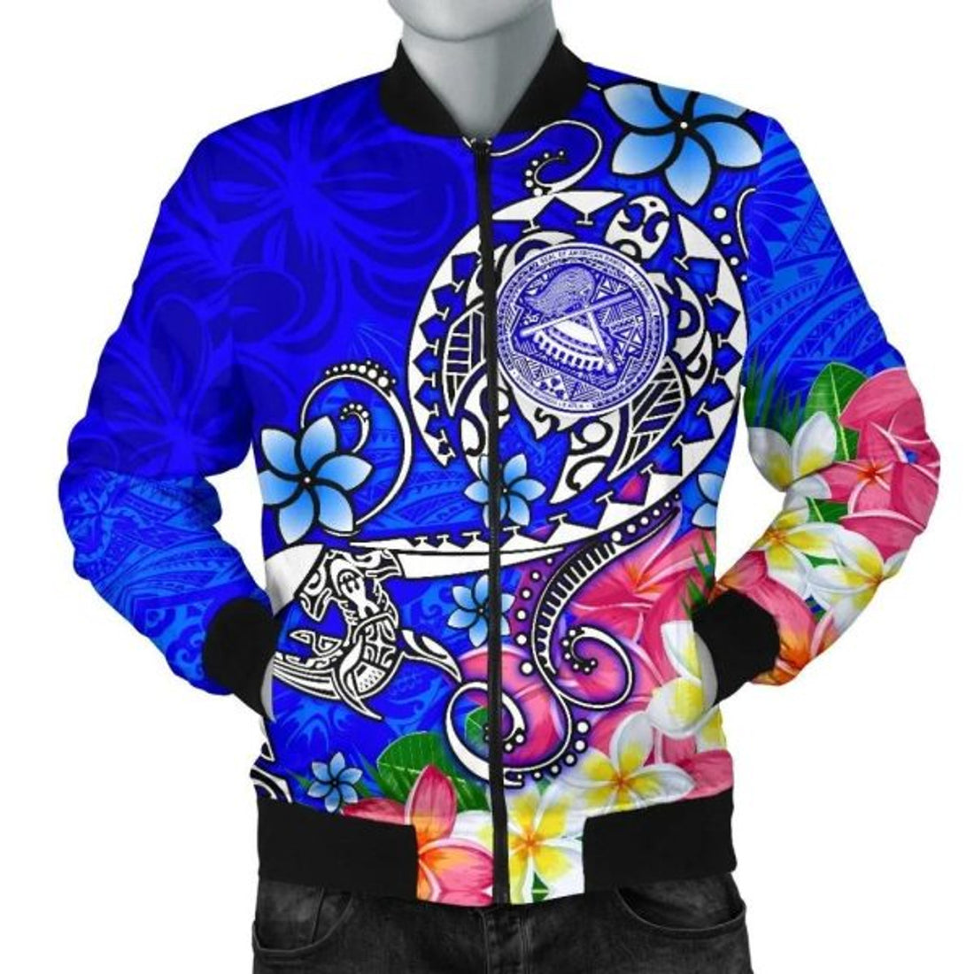 FUNSTUFFPRINT American Samoa Polynesian Men's Bomber Jacket - Turtle Plumeria (Blue) - 3D Bomber Jacket