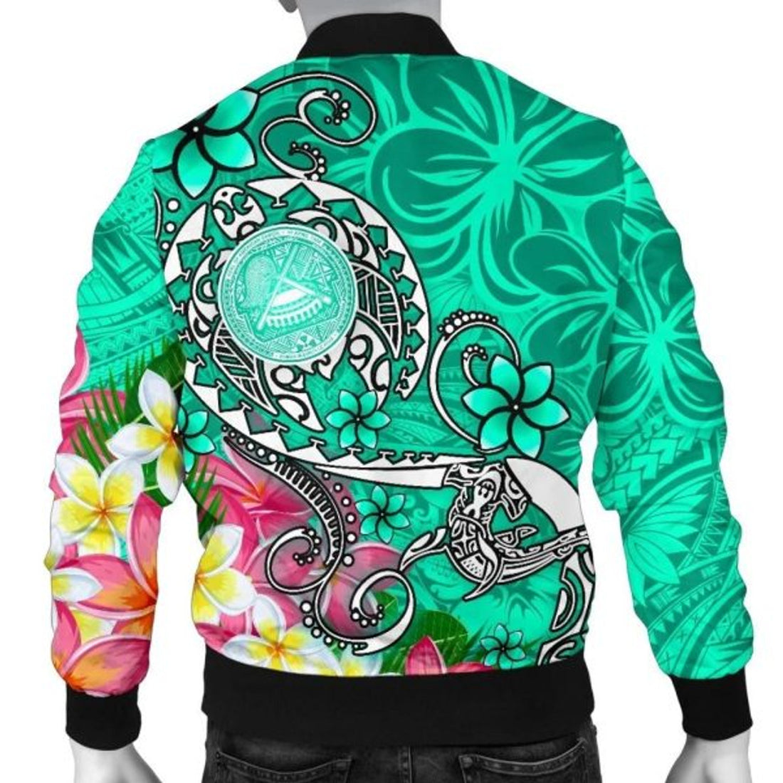 FUNSTUFFPRINT American Samoa Polynesian Men's Bomber Jacket - Turtle Plumeria (Turquoise) - 3D Bomber Jacket