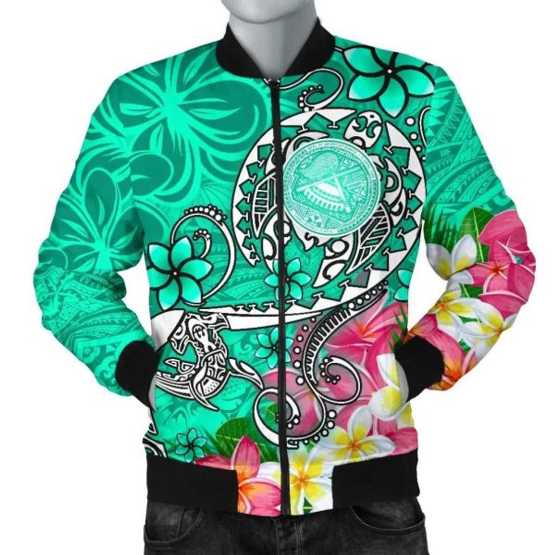 FUNSTUFFPRINT American Samoa Polynesian Men's Bomber Jacket - Turtle Plumeria (Turquoise) - 3D Bomber Jacket