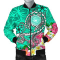 FUNSTUFFPRINT American Samoa Polynesian Men's Bomber Jacket - Turtle Plumeria (Turquoise) - 3D Bomber Jacket