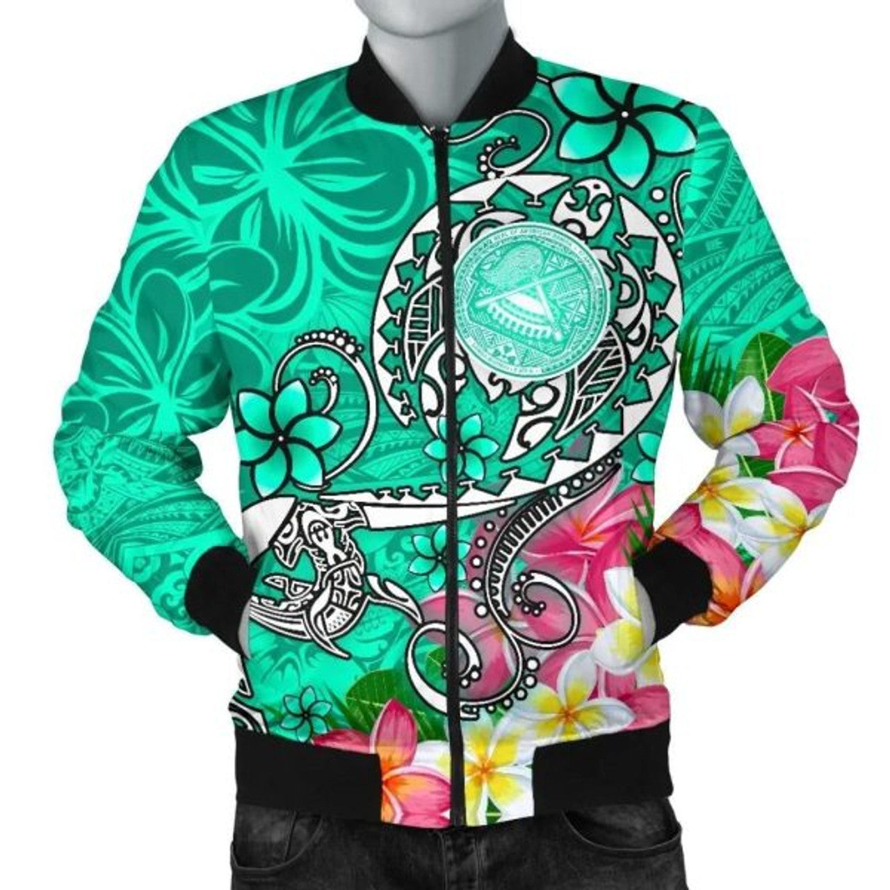 FUNSTUFFPRINT American Samoa Polynesian Men's Bomber Jacket - Turtle Plumeria (Turquoise) - 3D Bomber Jacket
