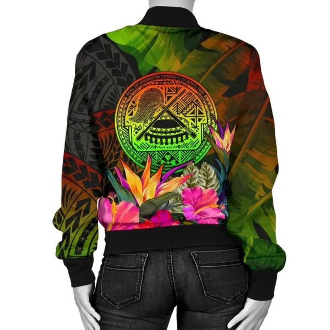 FUNSTUFFPRINT American Samoa Polynesian Personalised Women's Bomber Jacket - Hibiscus and Banana Leaves - 3D Bomber Jacket