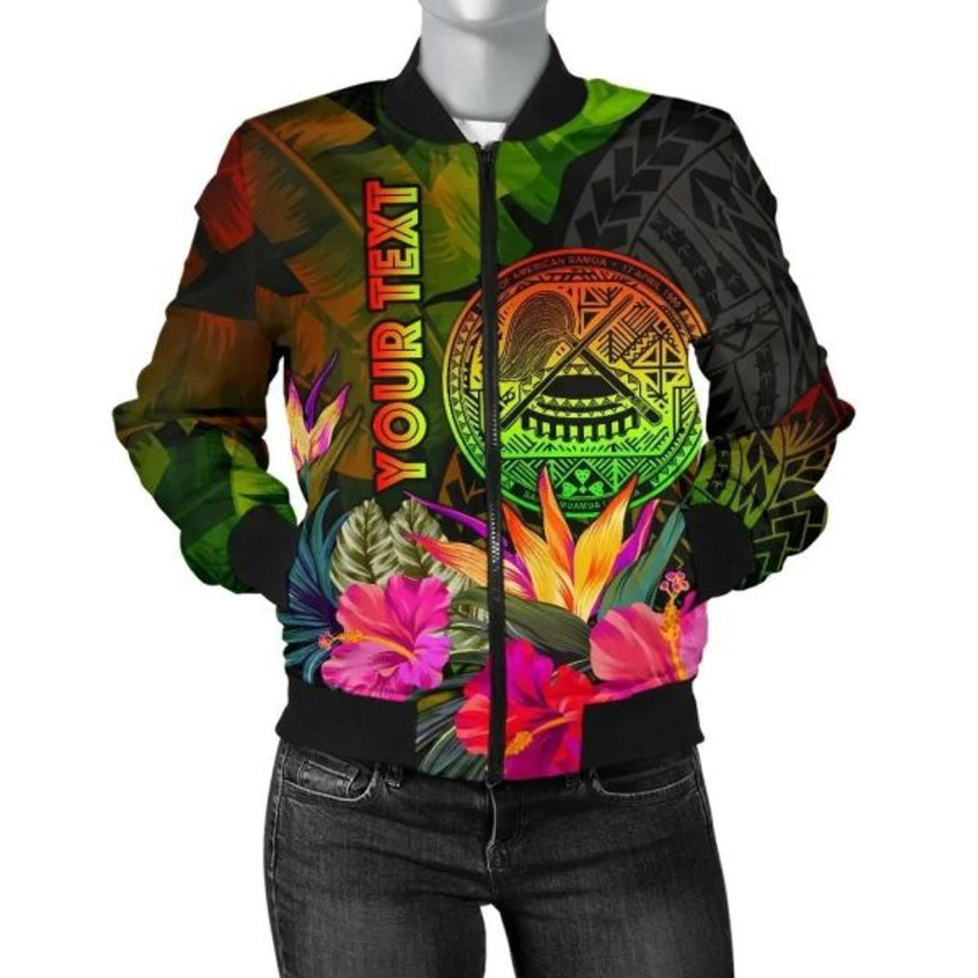 FUNSTUFFPRINT American Samoa Polynesian Personalised Women's Bomber Jacket - Hibiscus and Banana Leaves - 3D Bomber Jacket