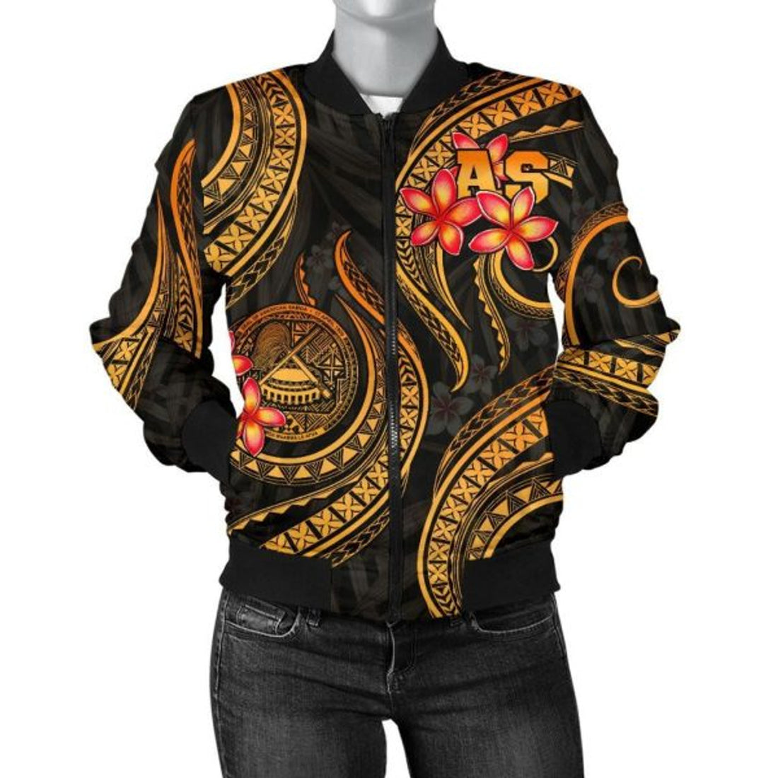FUNSTUFFPRINT American Samoa Polynesian Women Bomber Jacker - Gold Plumeria - 3D Bomber Jacket