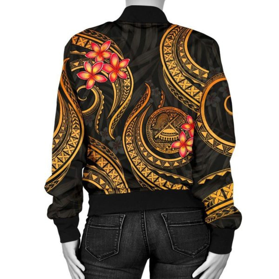 FUNSTUFFPRINT American Samoa Polynesian Women Bomber Jacker - Gold Plumeria - 3D Bomber Jacket