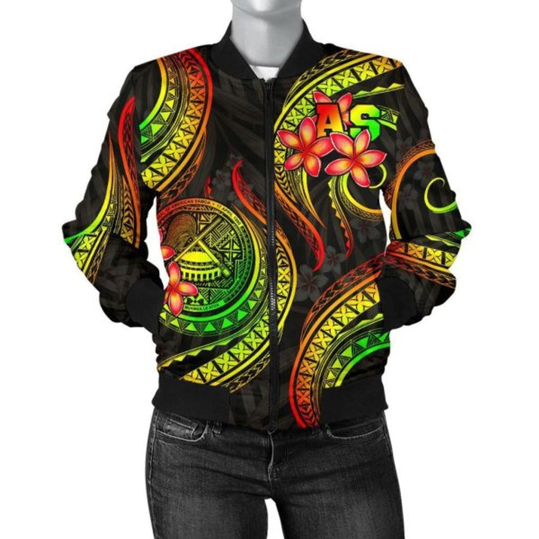 FUNSTUFFPRINT American Samoa Polynesian Women Bomber Jacket - Reggae Plumeria - 3D Bomber Jacket