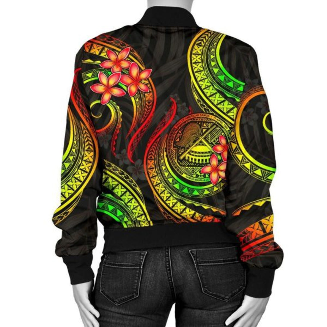 FUNSTUFFPRINT American Samoa Polynesian Women Bomber Jacket - Reggae Plumeria - 3D Bomber Jacket