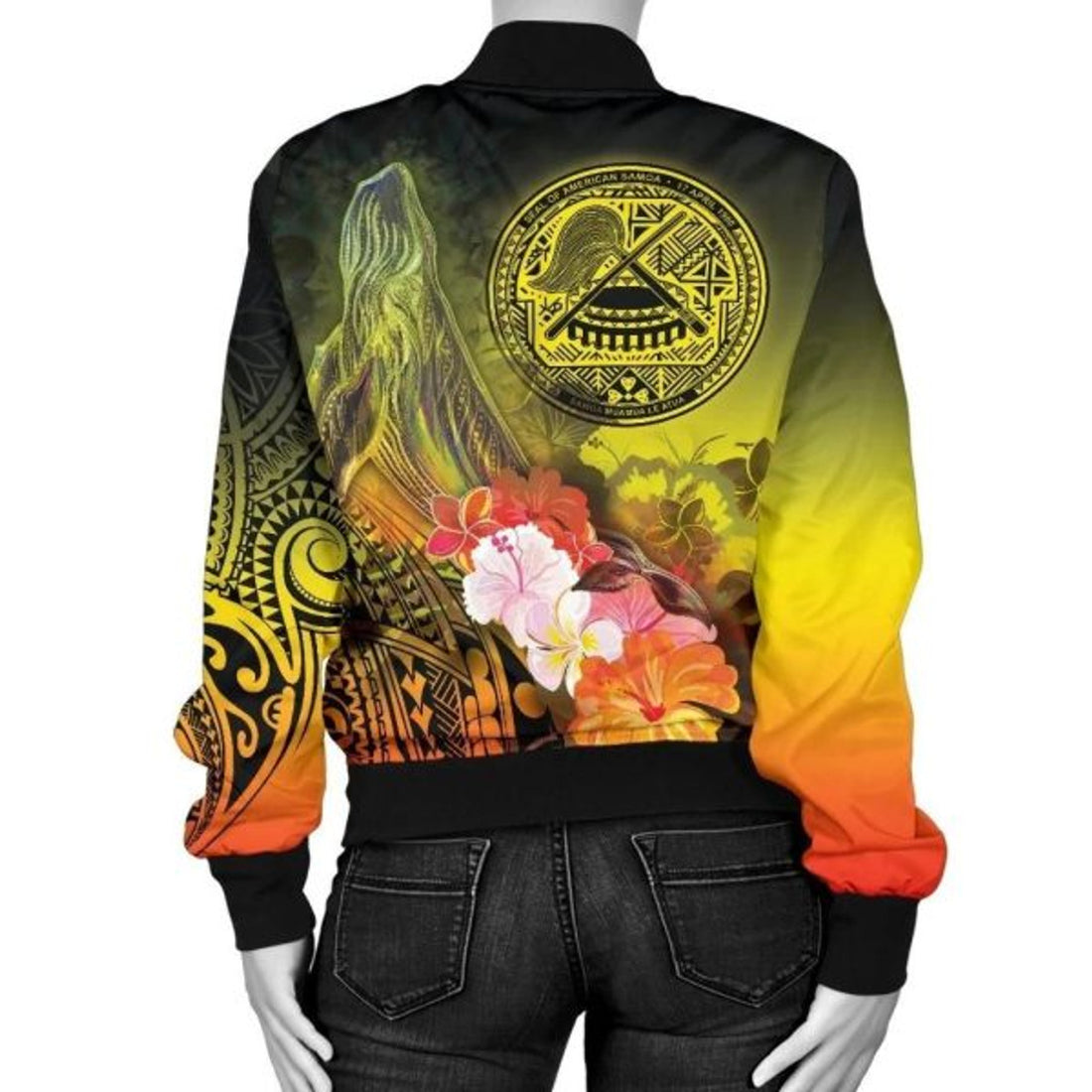 FUNSTUFFPRINT American Samoa Polynesian Women's Bomber Jacket - Humpback Whale with Tropical Flowers - 3D Bomber Jacket