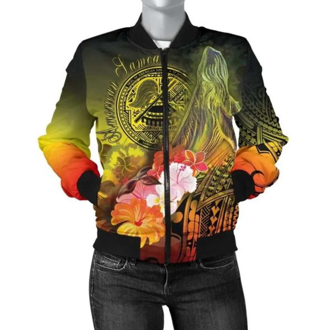 FUNSTUFFPRINT American Samoa Polynesian Women's Bomber Jacket - Humpback Whale with Tropical Flowers - 3D Bomber Jacket