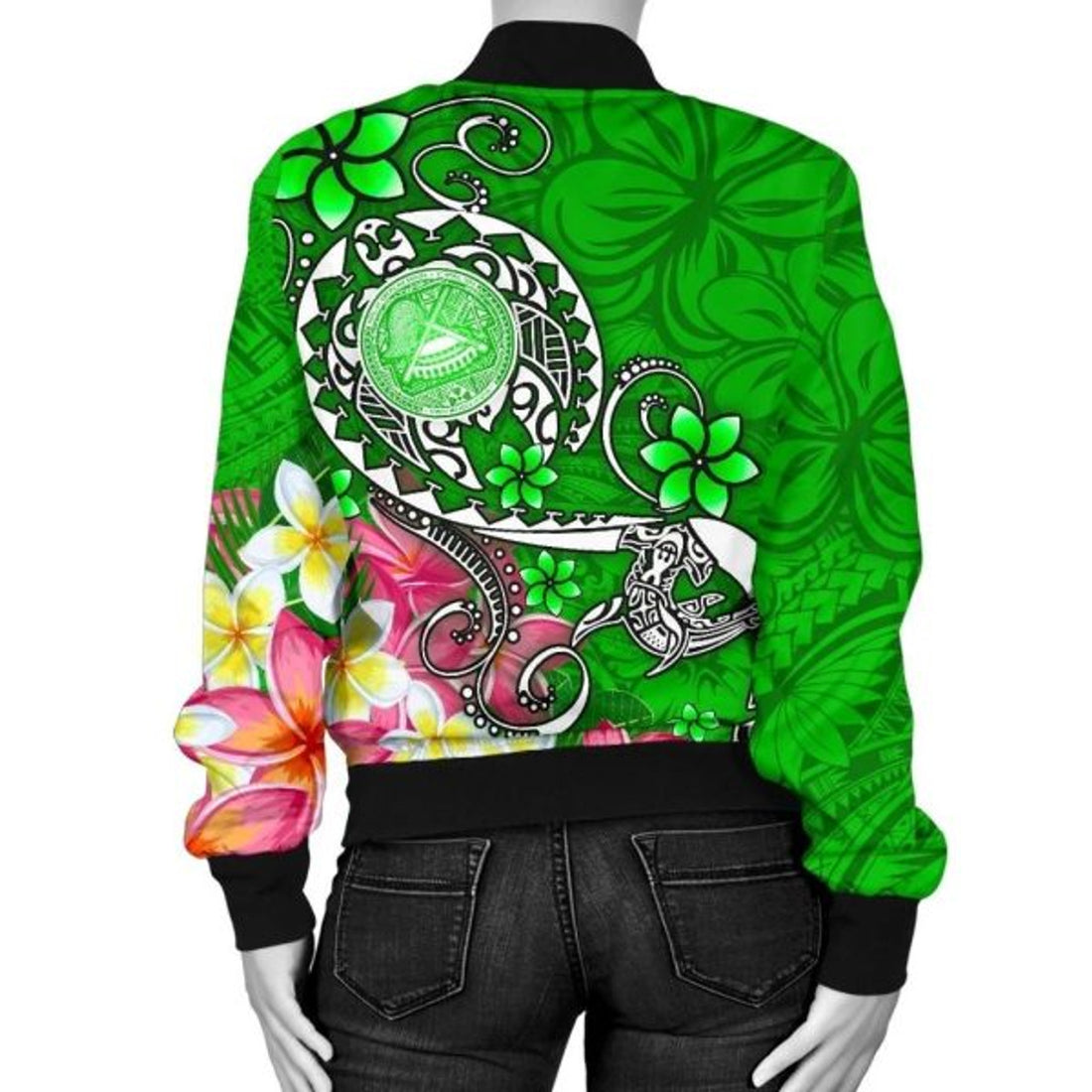 FUNSTUFFPRINT American Samoa Polynesian Women's Bomber Jacket - Turtle Plumeria (Green) - 3D Bomber Jacket