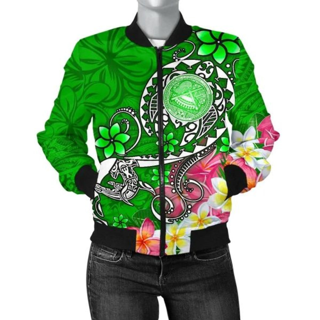 FUNSTUFFPRINT American Samoa Polynesian Women's Bomber Jacket - Turtle Plumeria (Green) - 3D Bomber Jacket