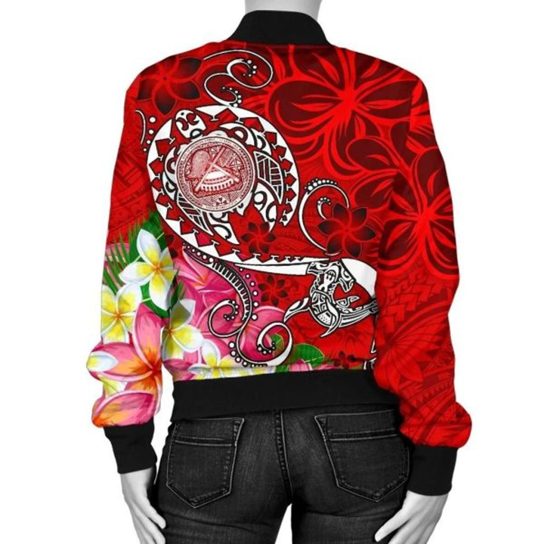 FUNSTUFFPRINT American Samoa Polynesian Women's Bomber Jacket - Turtle Plumeria (Red) - 3D Bomber Jacket