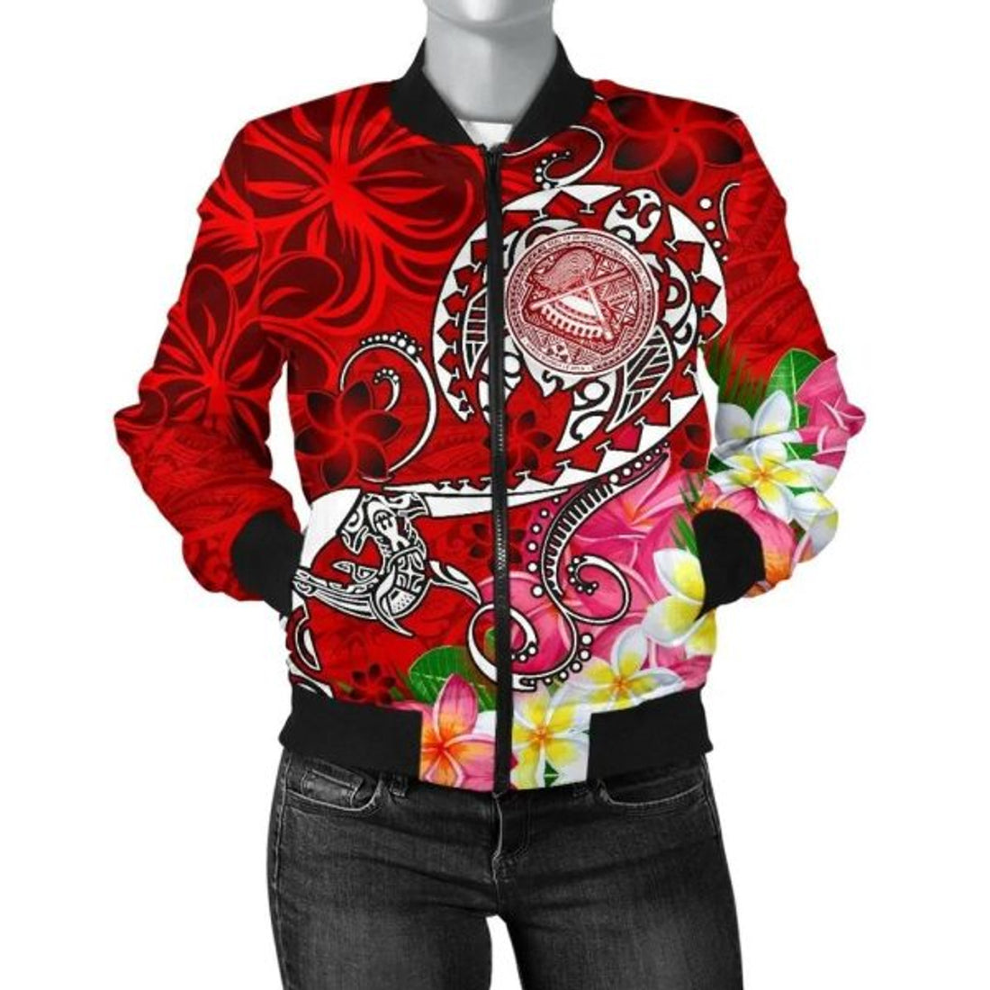FUNSTUFFPRINT American Samoa Polynesian Women's Bomber Jacket - Turtle Plumeria (Red) - 3D Bomber Jacket