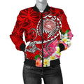 FUNSTUFFPRINT American Samoa Polynesian Women's Bomber Jacket - Turtle Plumeria (Red) - 3D Bomber Jacket