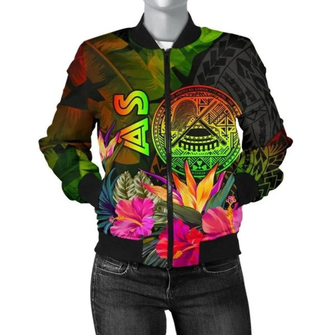 FUNSTUFFPRINT American Samoa Polynesian Women's Bomber jacket - Hibiscus and Banana Leaves - 3D Bomber Jacket