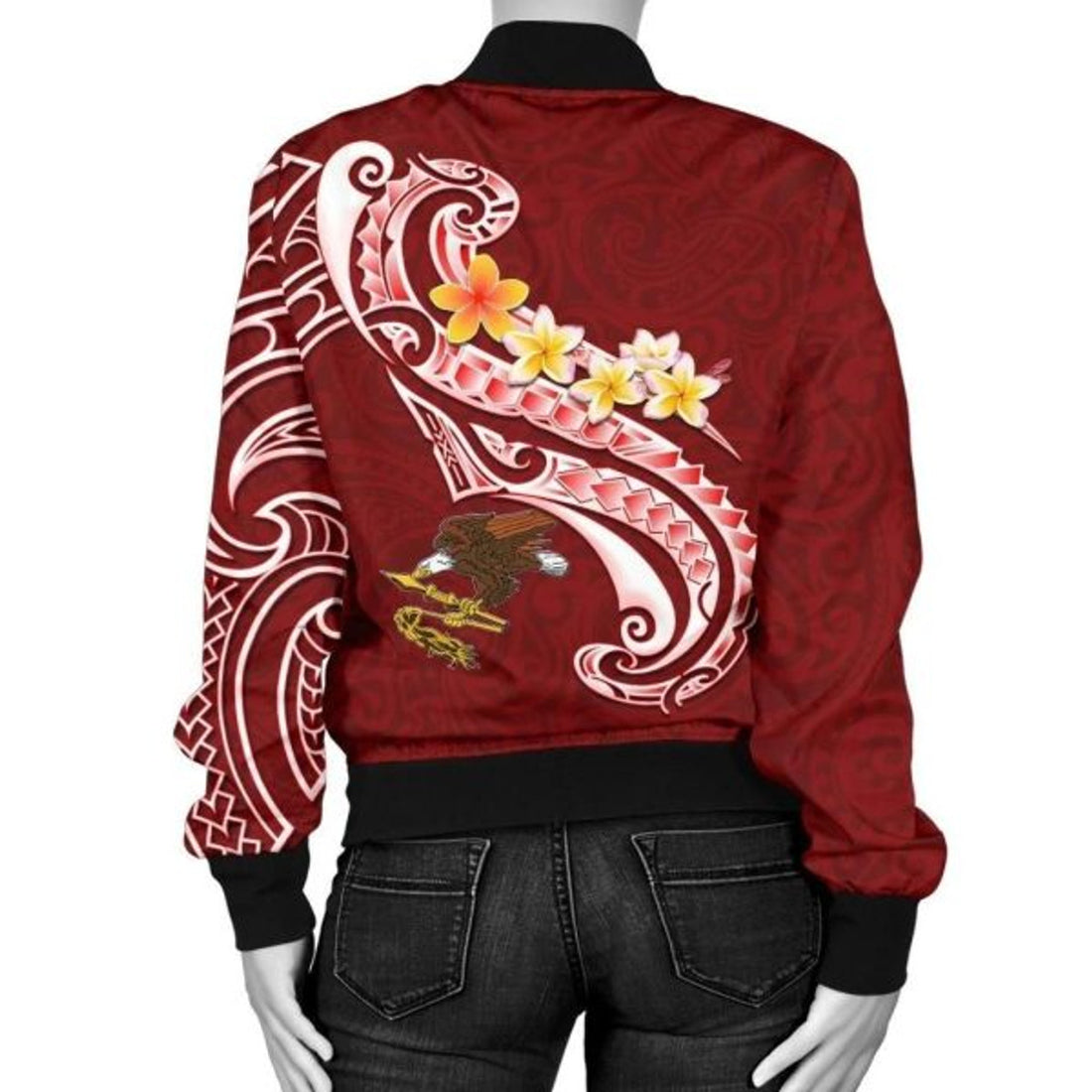 FUNSTUFFPRINT American Samoa Women's Bomber Jacket - AS Seal Polynesian Patterns Plumeria - 3D Bomber Jacket