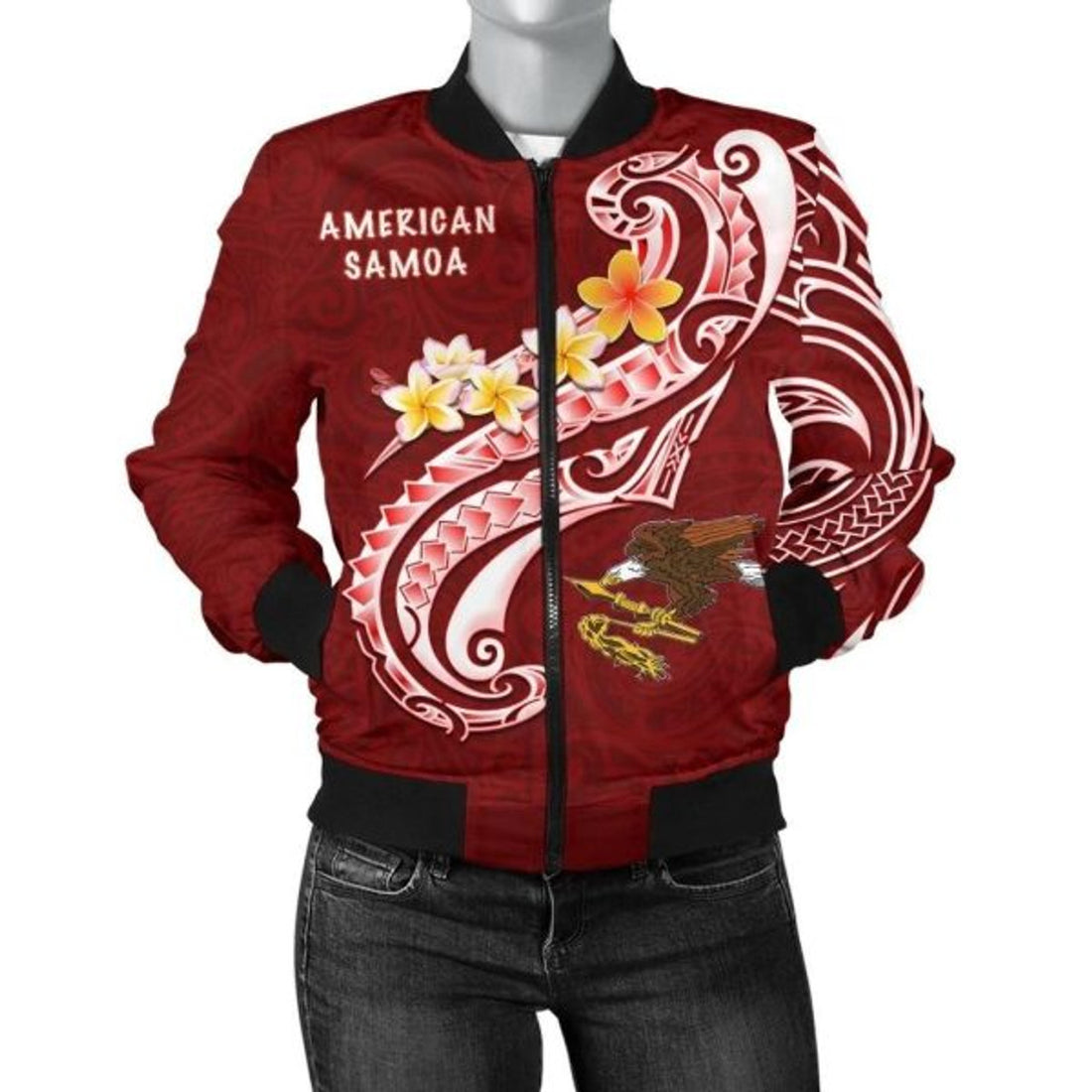 FUNSTUFFPRINT American Samoa Women's Bomber Jacket - AS Seal Polynesian Patterns Plumeria - 3D Bomber Jacket
