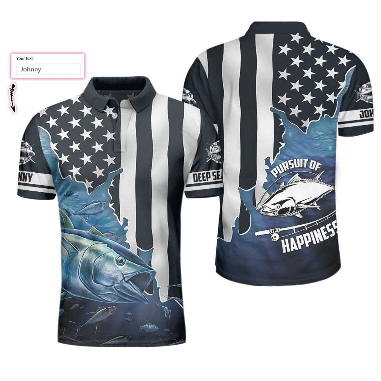 Custom Personalized Fishing Men Polo Shirt, American Flag Tuna Pursuit of Happiness Custom Polo Shirt, Shirt, Best Fishing Custom Shirt For Men
