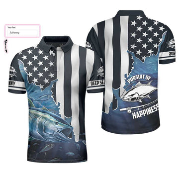 Custom Personalized Fishing Men Polo Shirt, American Flag Tuna Pursuit of Happiness Custom Polo Shirt, Shirt, Best Fishing Custom Shirt For Men