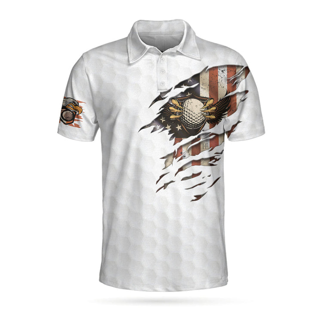 American Golfer Eagle Golf Ball Texture Polo Shirt, Ripped American Flag Polo Shirt, Patriotic Golf Shirt For Men