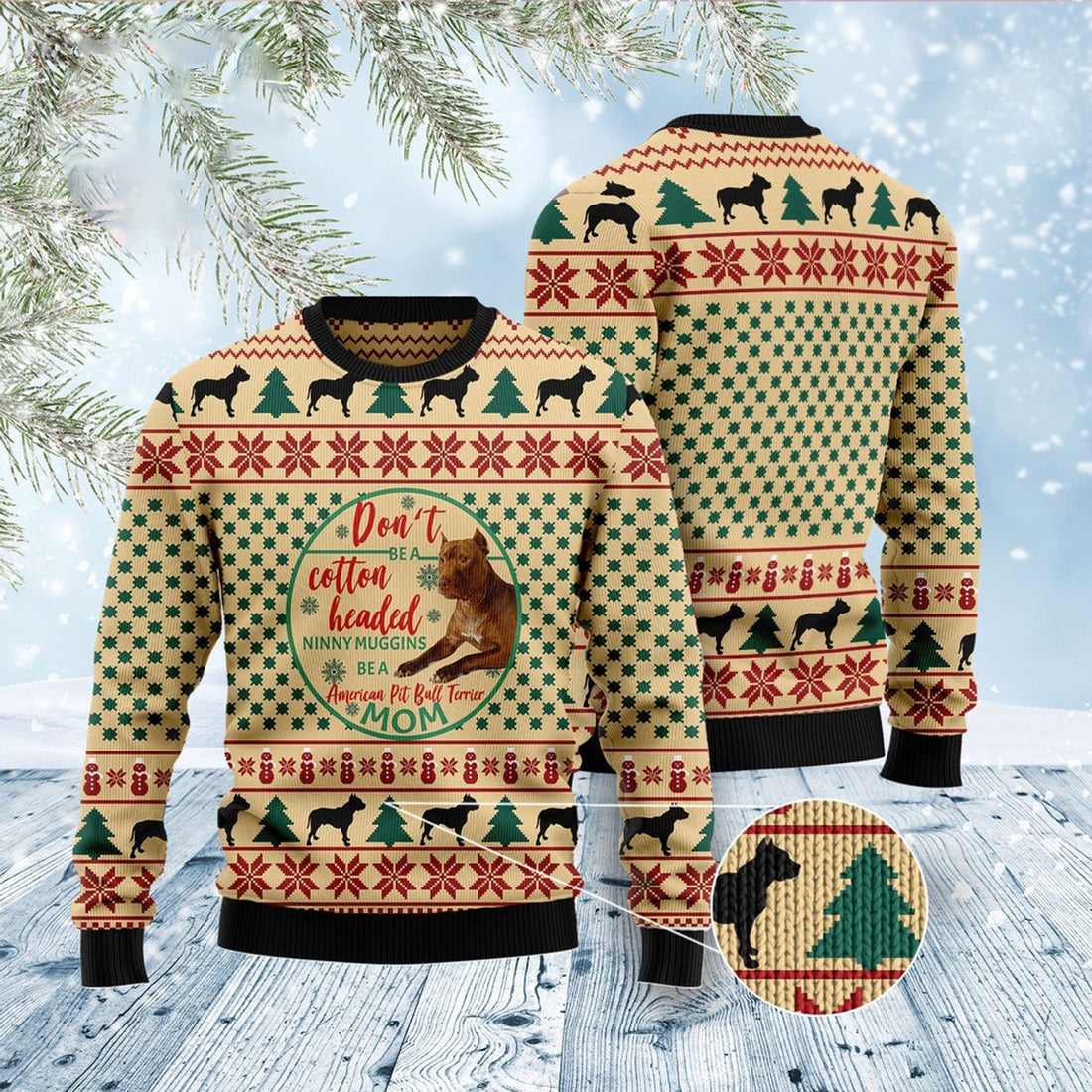 FUNSTUFFPRINT American Pit Bull Terrier Mom Ugly Christmas Sweater, Dog Ugly Christmas Sweater, Ugly Dog Sweaters Ugly  Sweater