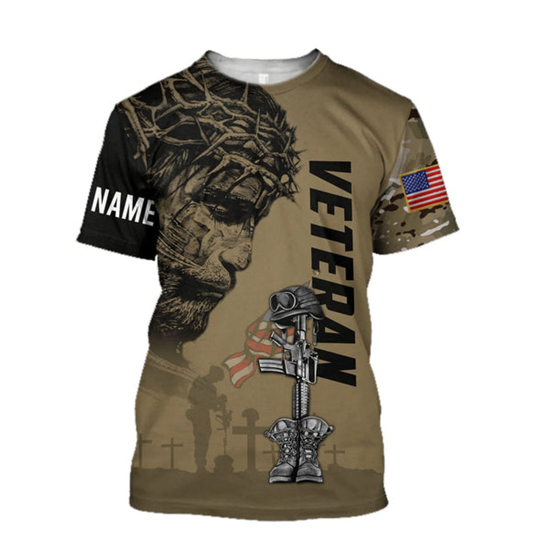 FUNSTUFFPRINT American Veteran Jesus Customized Shirts - Christian 3d Shirts For Men Women - Custom Name 3D T-shirt
