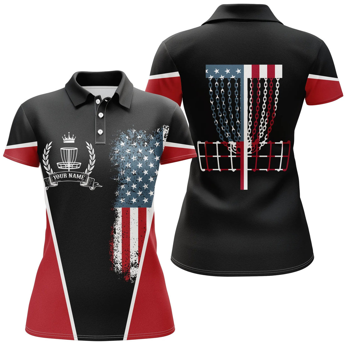 Custom American Flag Disc Golf Basket Patriotic Women Polo Shirts Custom Name Disc Golf Shirt For Womens, Perfect Gift For Women