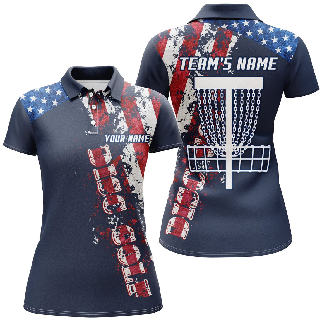 Custom American Flag Patriotic Womens Disc Golf Polo Shirt Custom Team Disc Golf Basket Shirts , Blue Navy, Perfect Gift For Women