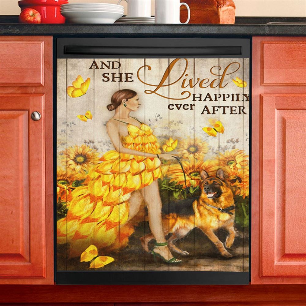And She Lived Happily Ever After Beautiful Girl German Shepherd Dishwasher Cover, Christian Dishwasher Magnet Cover, Religious Kitchen Decor