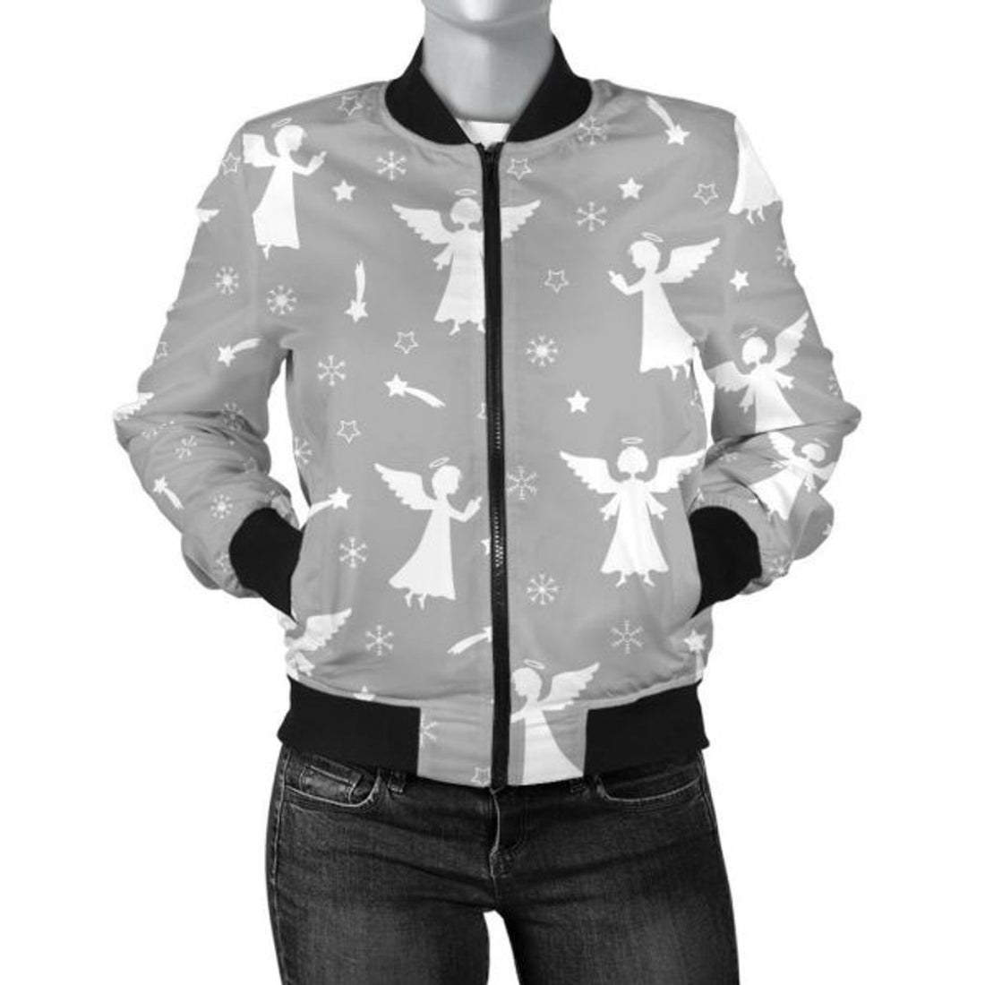 FUNSTUFFPRINT Angel Print Pattern Women Casual 3D Bomber Jacket