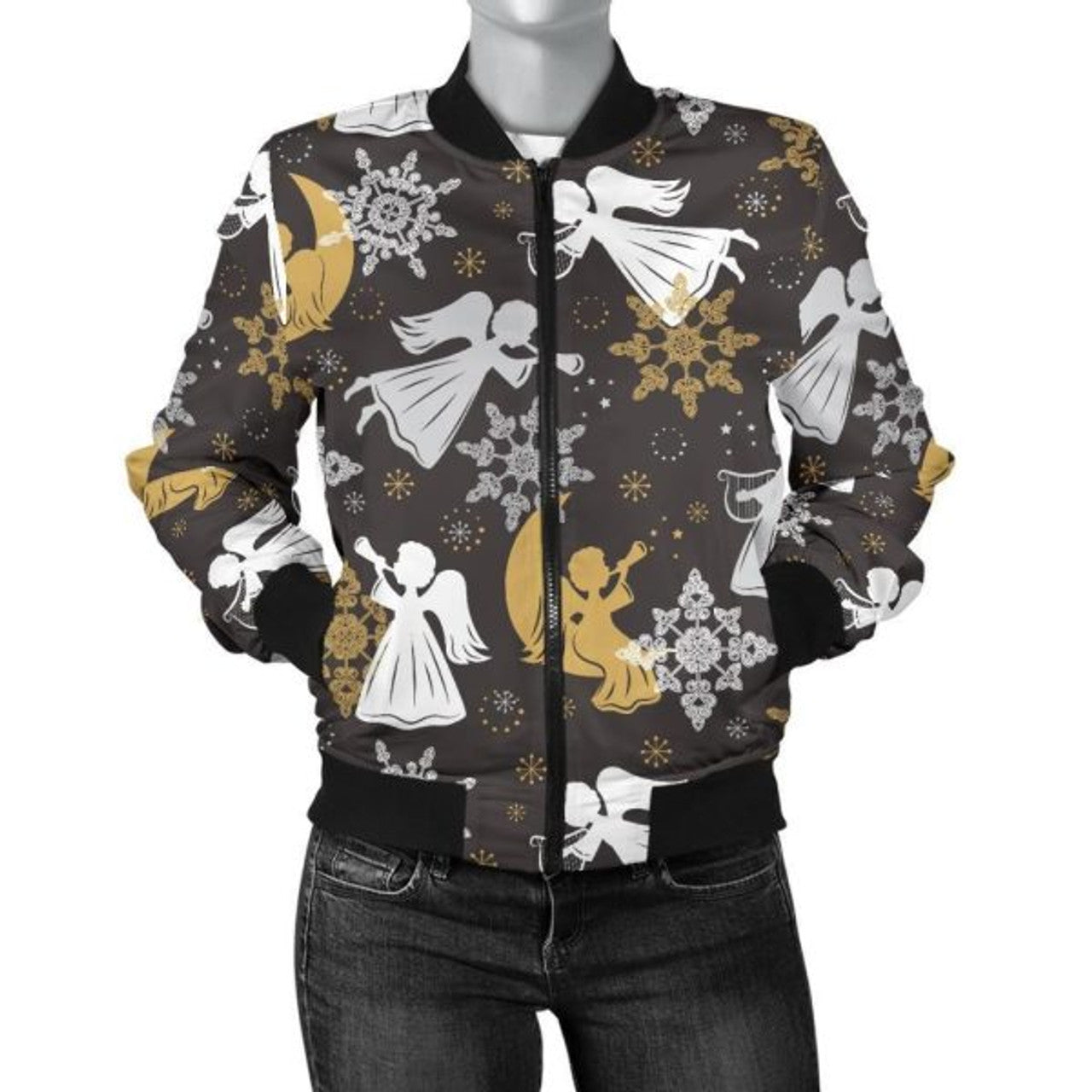 FUNSTUFFPRINT Angel Snowflake Print Pattern Women Casual 3D Bomber Jacket