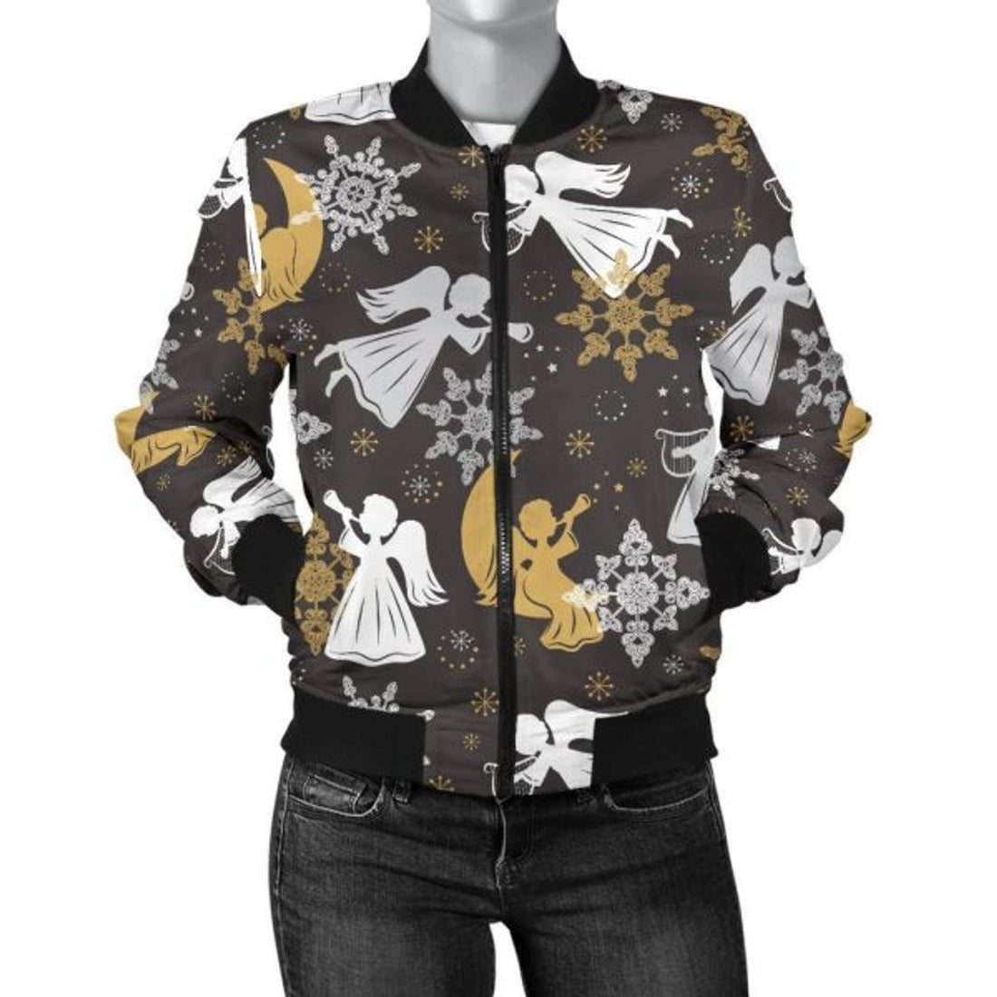 FUNSTUFFPRINT Angel Snowflake Print Pattern Women Casual 3D Bomber Jacket