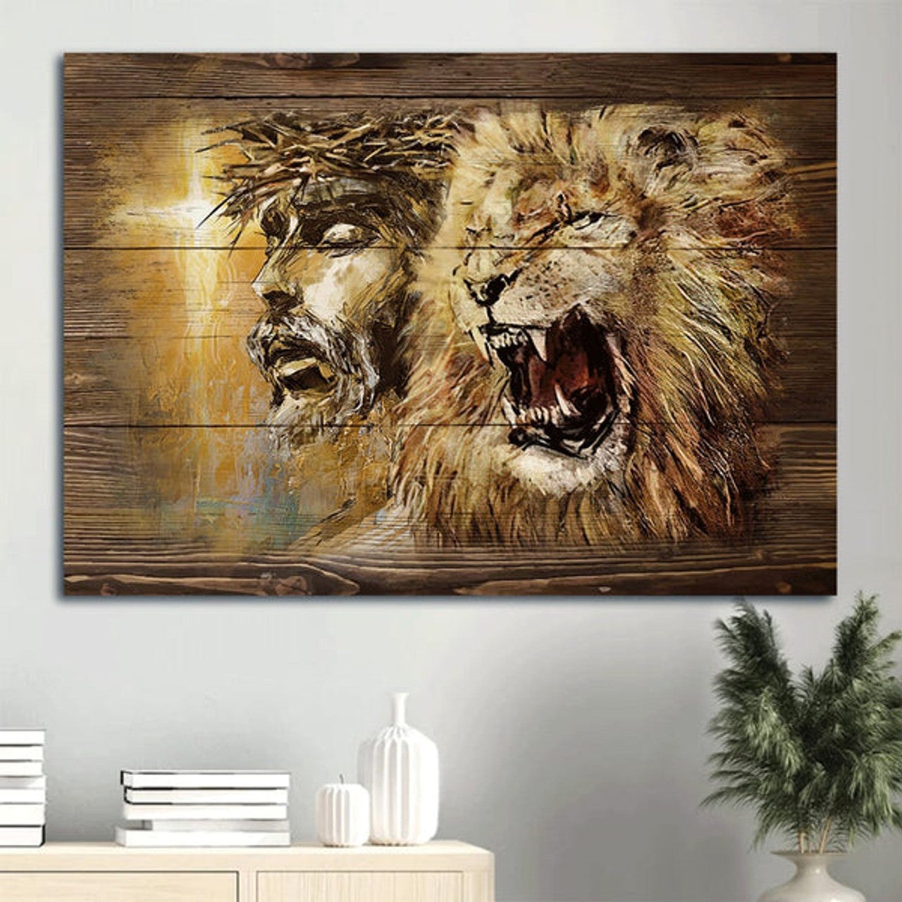 Angry Lion Stunning Jesus Face Yellow Background Canvas Wall Art - Christian Wall Decor