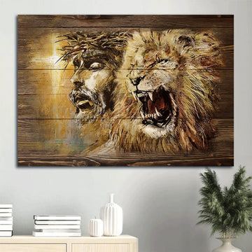Angry Lion Stunning Jesus Face Yellow Background Canvas Wall Art - Christian Wall Decor
